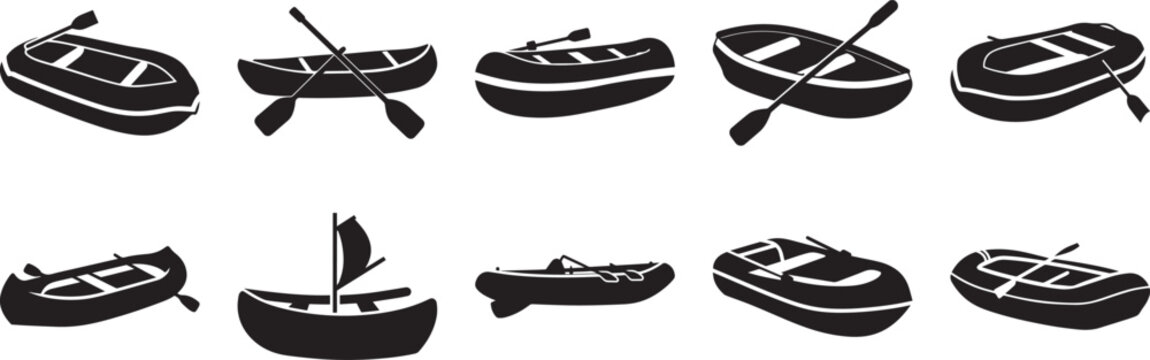Inflatable Rubber Dinghy Silhouette Vector Illustration - Inflatable Boat with Oar for Rafting and Life Saving Isolated on White