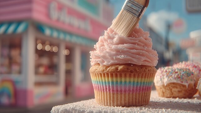 cupcake with buttercream frosting and paint brush, creative baking background with rainbow colors