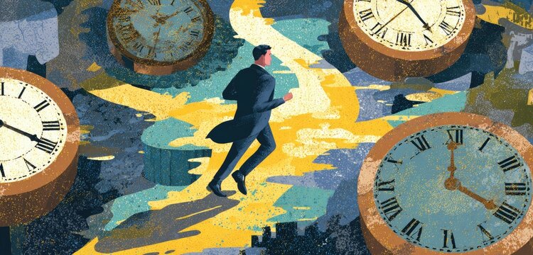 Man in suit running amidst clocks in surreal, colorful abstract landscape