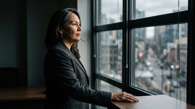 Thoughtful Indigenous woman gazing out urban window, contemplative expression, natural light highlighting profile and gray hair, professional attire conveying resilience and quiet determination