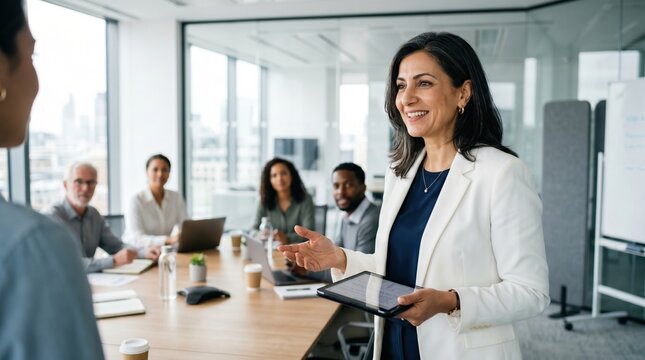 Experienced businesswoman leading meeting in modern conference room, smiling while presenting with tablet and engaging diverse colleagues in discussion