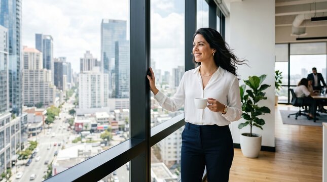 Professional businesswoman holding coffee and looking out office window at city skyline, confident and reflective in modern workplace