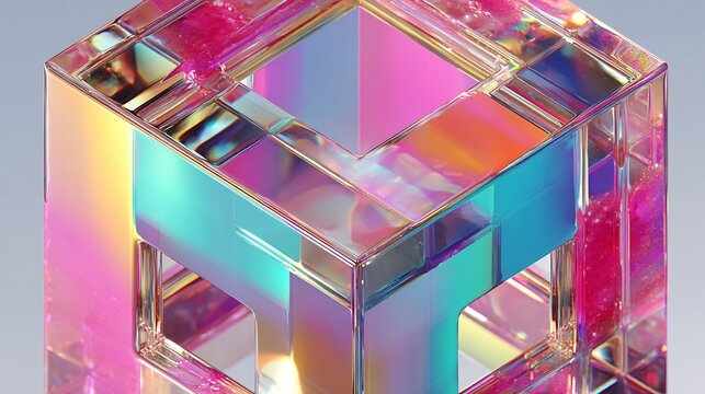 prismatic iridescent glass cube with neon gradient reflections abstract 3d background