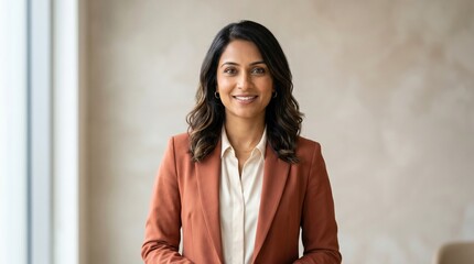 Fototapeta premium Confident professional woman standing in office corridor smiling with folded hands, warm lighting and neutral background