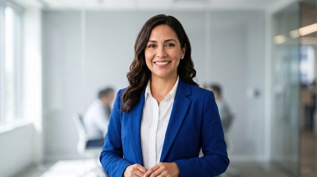 Smiling businesswoman in blue blazer standing in modern office lobby with glass walls and blurred coworkers, confident professional portrait conveying leadership and approachability