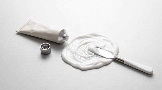 White cream spilled from tube with metal palette knife on plain surface