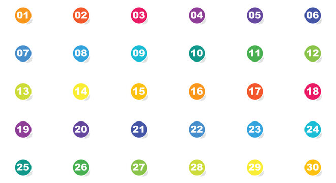 Modern flat circle bullet points shadow set. colorful round badges, circle tags one to thirty. for business infographic step layout, presentation slide, UI list. premium vector graphic.