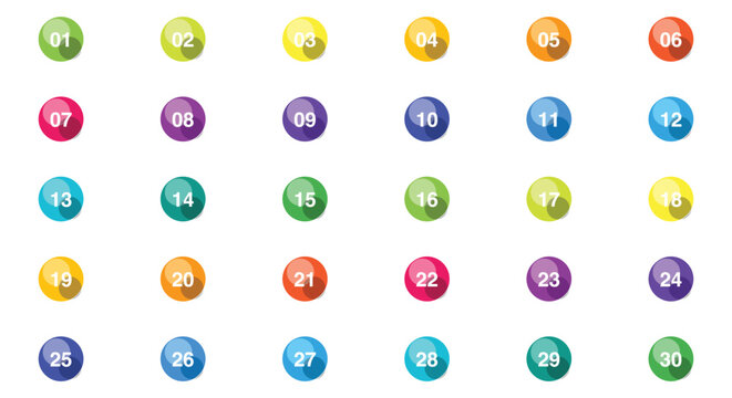 Glossy 3d sphere bullet points set. colorful shiny round buttons, circle tags one to thirty. for infographic step layout, modern presentation slide, web UI list. premium flat vector graphic.