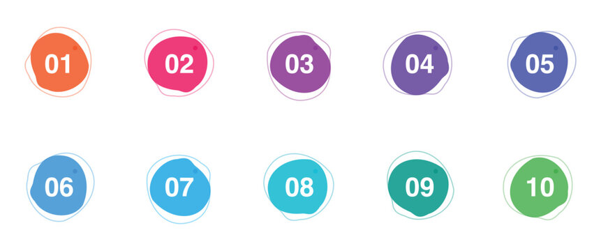 Flat vibrant numbered bullet points set. colorful abstract blob shapes, round badges one to ten. for infographic step layout, presentation slide, and web list. flat vector illustration art.