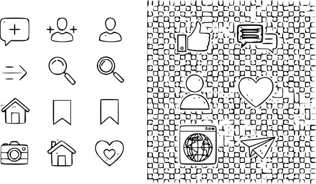 minimal social media UI icons set with textured burlap fabric background featuring like heart and communication symbols vector illustration