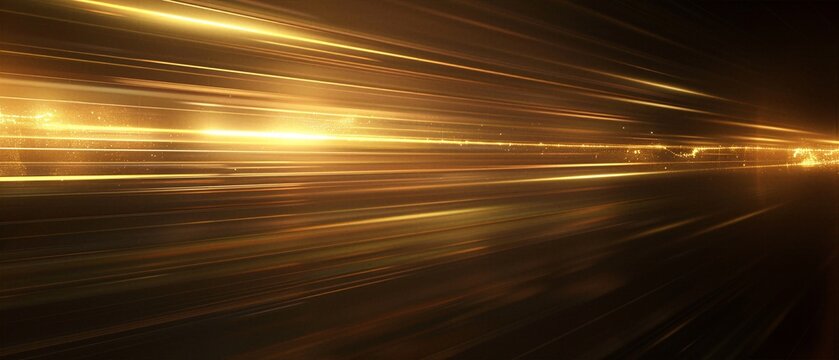 High speed golden light trails with motion blur and radiant sparks on dark background representing fiber optic data and technological progress