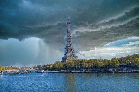 Paris, aerial view of the Eiffel Tower in a storm