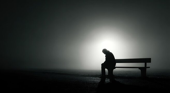 Solitary figure sits alone on a bench in a foggy, dimly lit outdoor setting