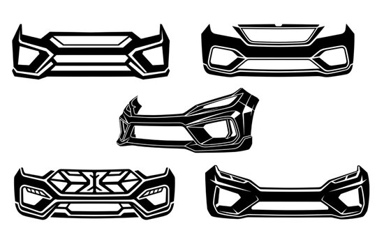 Aggressive sports car front bumper vector set with modern automotive body kit design collection