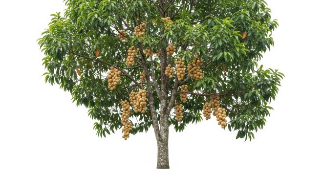 Tropical longan tree with ripe fruit clusters, exotic dimocarpus longan plant on white background, lush green fruit tree for agricultural design