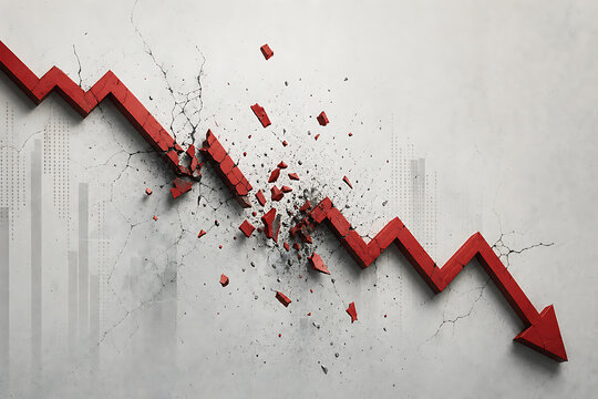 A red arrow plunges down dramatically on a cracked wall background with debris.