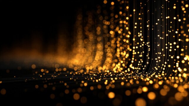Curved golden light strings with sparkling droplets and deep bokeh for luxury event decoration and sophisticated digital data visualization