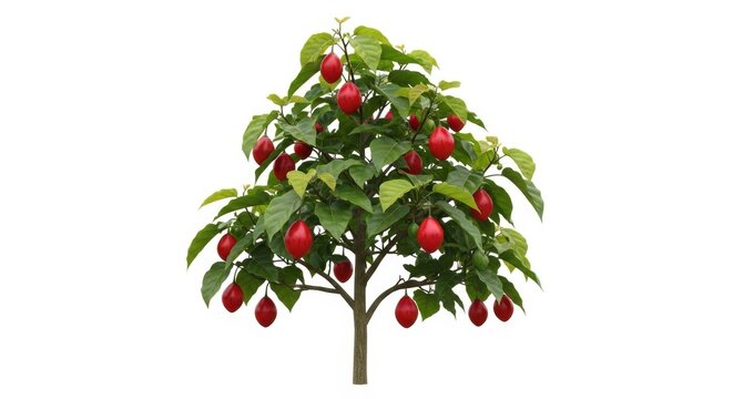 Tamarillo tree with ripe red fruit and green leaves, exotic tree tomato plant isolated on white, tropical fruit tree for gardening and agriculture