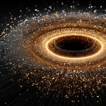 Majestic golden galaxy swirl with glowing particles and circular energy rays for spiritual cosmic power or futuristic technology concept