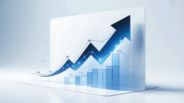 3D business graph with growing statistics and rising arrow on screen display