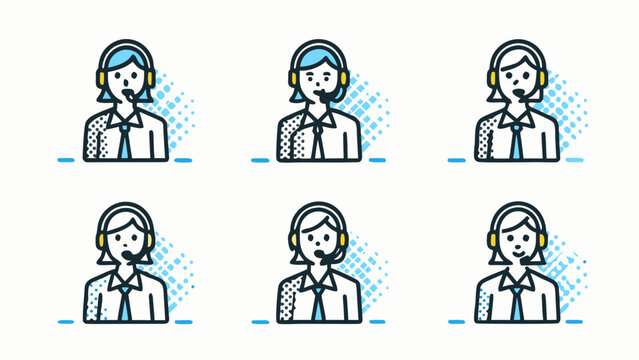 Six customer service representatives wearing headsets with different colored accents and backgrounds