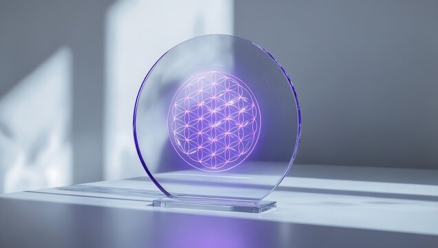 Transparent glass plate with glowing neon violet Flower of Life pattern representing universal harmony