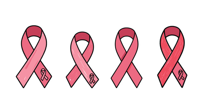 Set of four pink ribbons in various hand drawn styles representing breast cancer awareness and support symbols.