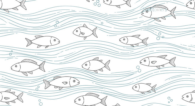 Nautical seamless pattern featuring hand-drawn line art fish swimming through stylized wavy ocean currents and bubbles.