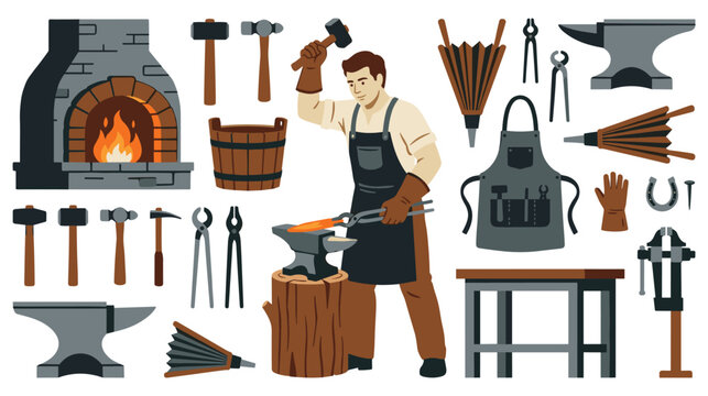 Blacksmith working at forge with tools and anvil in workshop.