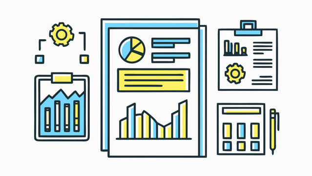 Flat vector illustration of financial report documents with graphs charts and calculator for business analysis and planning