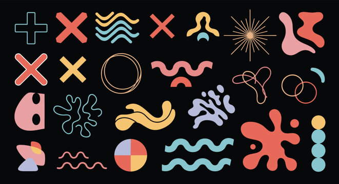 Diverse collection of abstract geometric and organic shapes in vibrant colors arranged on a solid black background.