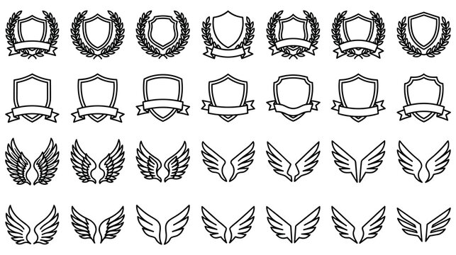 Set of shield emblems with laurel wreaths and ribbons for awards.