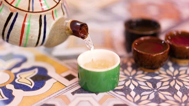 A traditional teapot pours clear liquid into a small green cup, creating a dynamic motion shot with traditional patterns on surface.