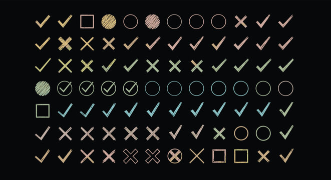 Colorful hand drawn check marks and cross signs set in chalk style on a black background for various checklist and mark designs.