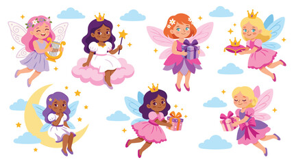 Obraz premium Collection of various cute little fairies with wings, crowns, gifts, and moon.