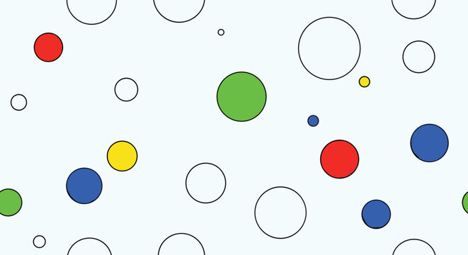 Abstract pattern of colorful and empty circles on a light blue background for fun and modern wallpaper or presentation backdrops.