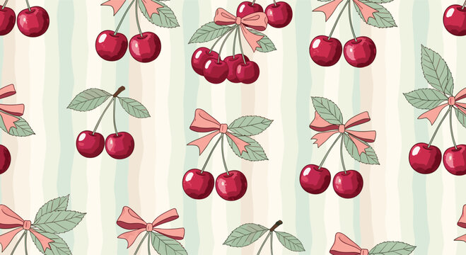 Sweet cherry pattern featuring red cherries with pink bows on a striped pastel background for cute and feminine design themes.
