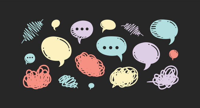 Colorful hand drawn speech bubbles and scribbles on a dark background representing creative thoughts and conversation.