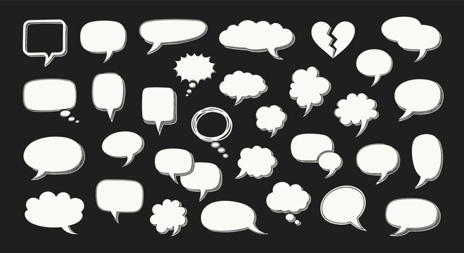 Collection of white hand drawn speech bubbles and callouts of various shapes on a black background for design projects.