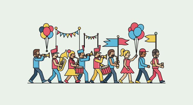 Cartoon marching band parading with instruments and balloons.