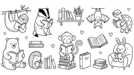 Cute animals reading books, funny cartoon characters enjoying literature, charming illustration.