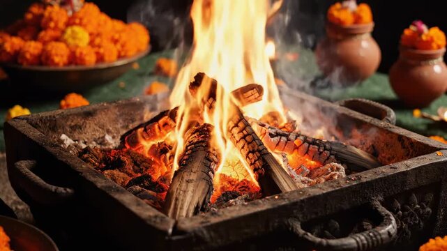 Sacred Ritual Fire burning wood in a traditional Havan Kund with marigold flowers for Hindu religious content and cultural documentaries.