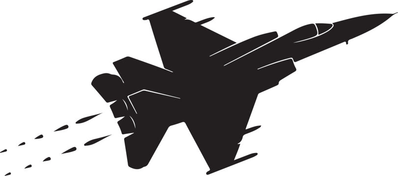 Black silhouette of a fighter jet flying with contrails