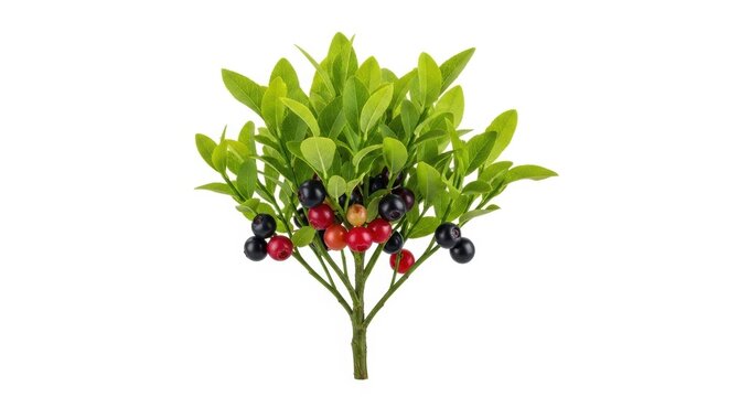 Fresh green coca plant branch with ripe red and black berries, organic erythroxylum coca leaves on white background, botanical specimen for herbal medicine