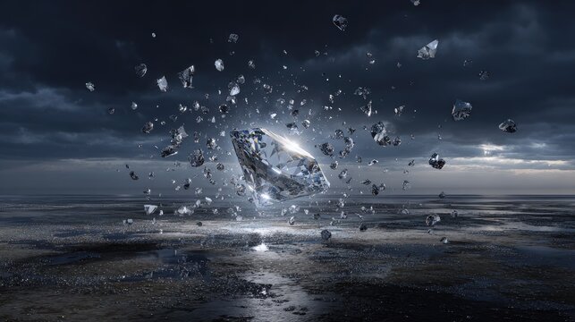 Exploding Diamond Crystal in Dramatic Stormy Sky Over Water.