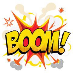 Comic book boom explosion with red and yellow blast effect isolated on white background. © MDTAZBIRHOSSAIN
