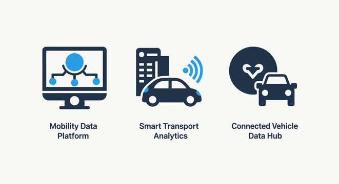 Set of modern flat icons for mobility data platform smart transport analytics connected vehicle data hub mobility transport analytics connected technology logistics software infrastructu