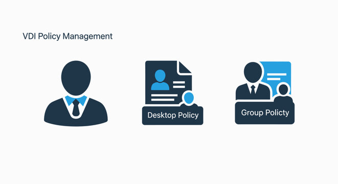 Vdi policy management and desktop group settings icons with management infrastructure settings configuration permission security software computing technology enterprise governance computer