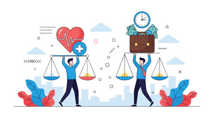 Fototapeta premium Concept of work-life balance depicted with two people holding scales containing a heart for health and a briefcase for wealth.
