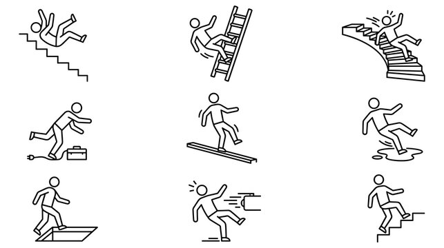 People falling and tripping icons showing hazardous situations for safety workplace warning.